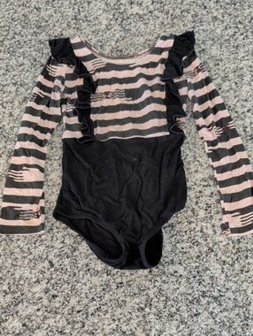 Girls Long-Sleeve Pink and Black Striped Ruffle One-Piece Bodysuit